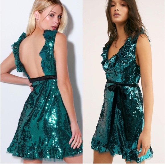 Free People | Spirulina Sequin Cocktail Dress - low back with waist tie - Size 8 - Picture 2 of 12